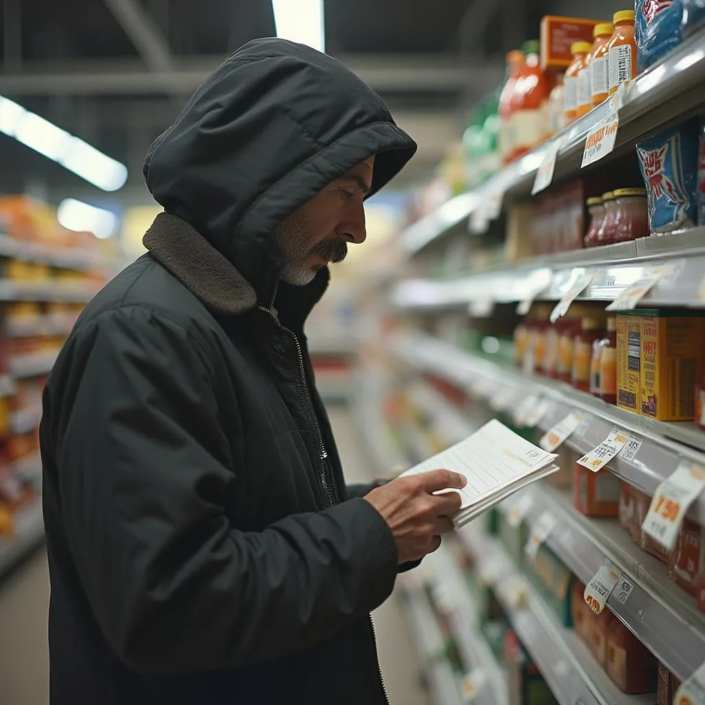 Consumidor seguindo lista de compras no supermercado
